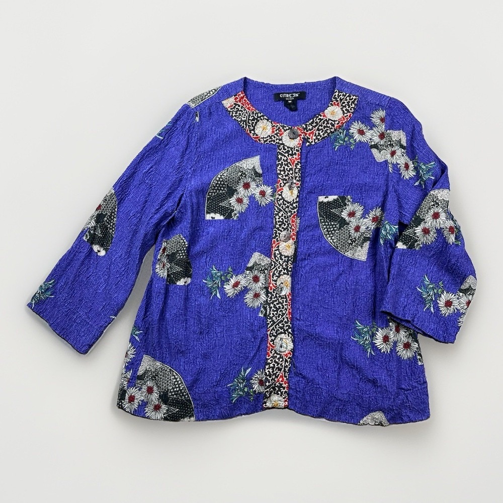 Vtg. Citron Santa Monica‎ Silk Fans & Floral Asian  Blouse Size Medium